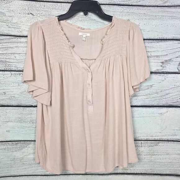 Maurices M Cream Smocked Flutter Sleeve Henley Top - Picture 1 of 6